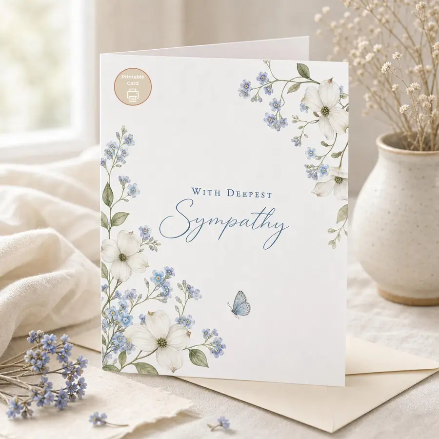With Deepest Sympathy card framed by white blossoms, blue forget-me-nots and a small pale blue butterfly