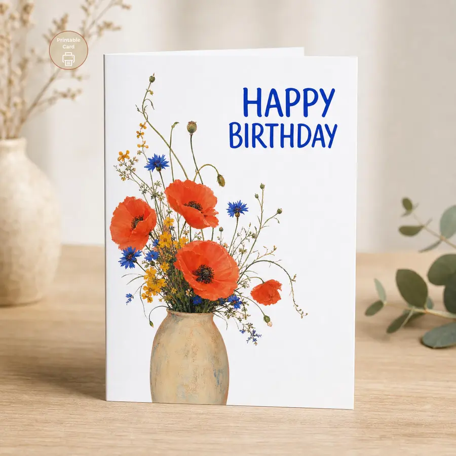 Happy Birthday card with red poppies, blue cornflowers and yellow wildflowers arranged in a ceramic vase