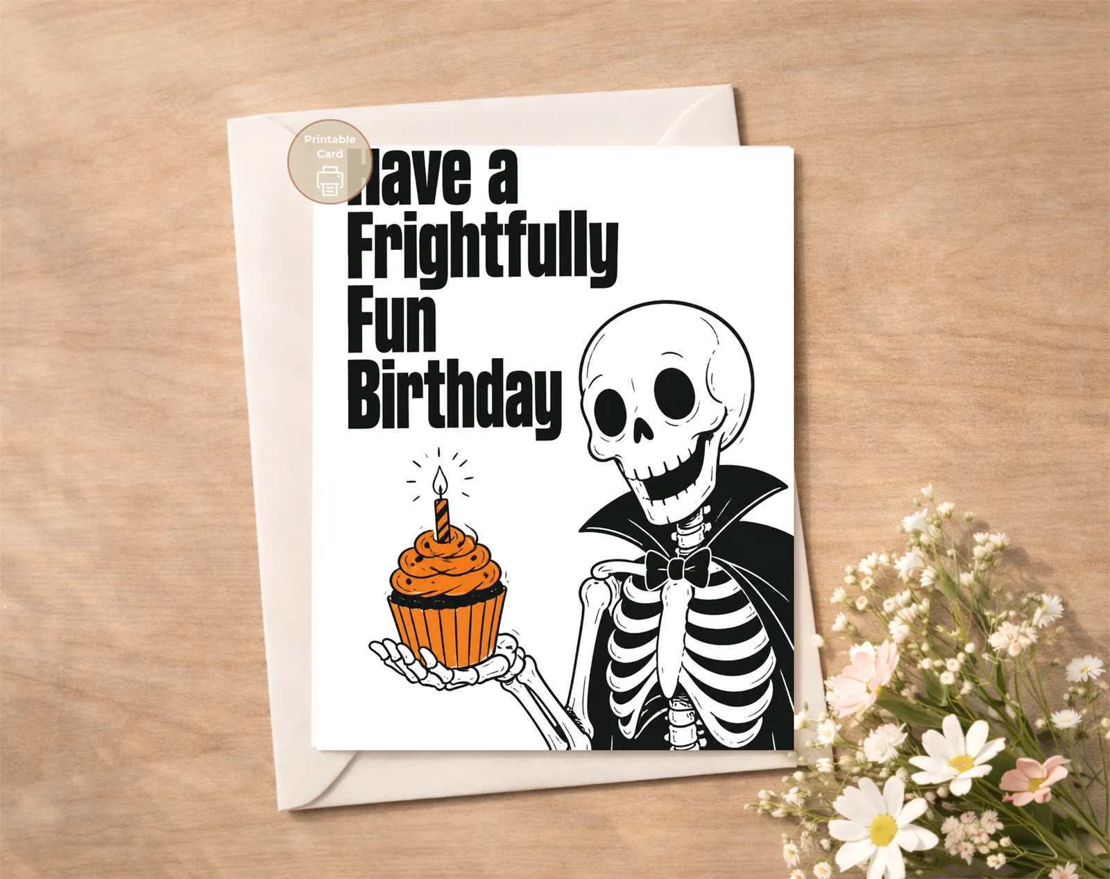 Product information graphic showing what is included with the Make their birthday deliciously spooky with a frightfully fun skeleton serving an orange cupcake in bold gothic style. digital download.