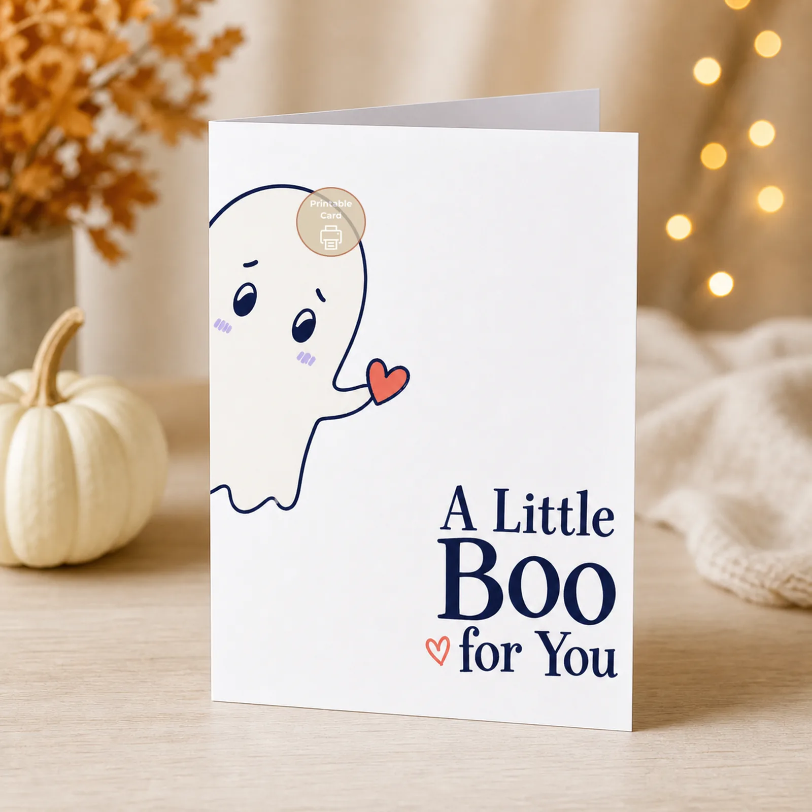 Styled product mockup: Send a tiny Halloween surprise with this playful little ghost offering a coral heart beneath the words "A Little Boo for You." The soft cream.