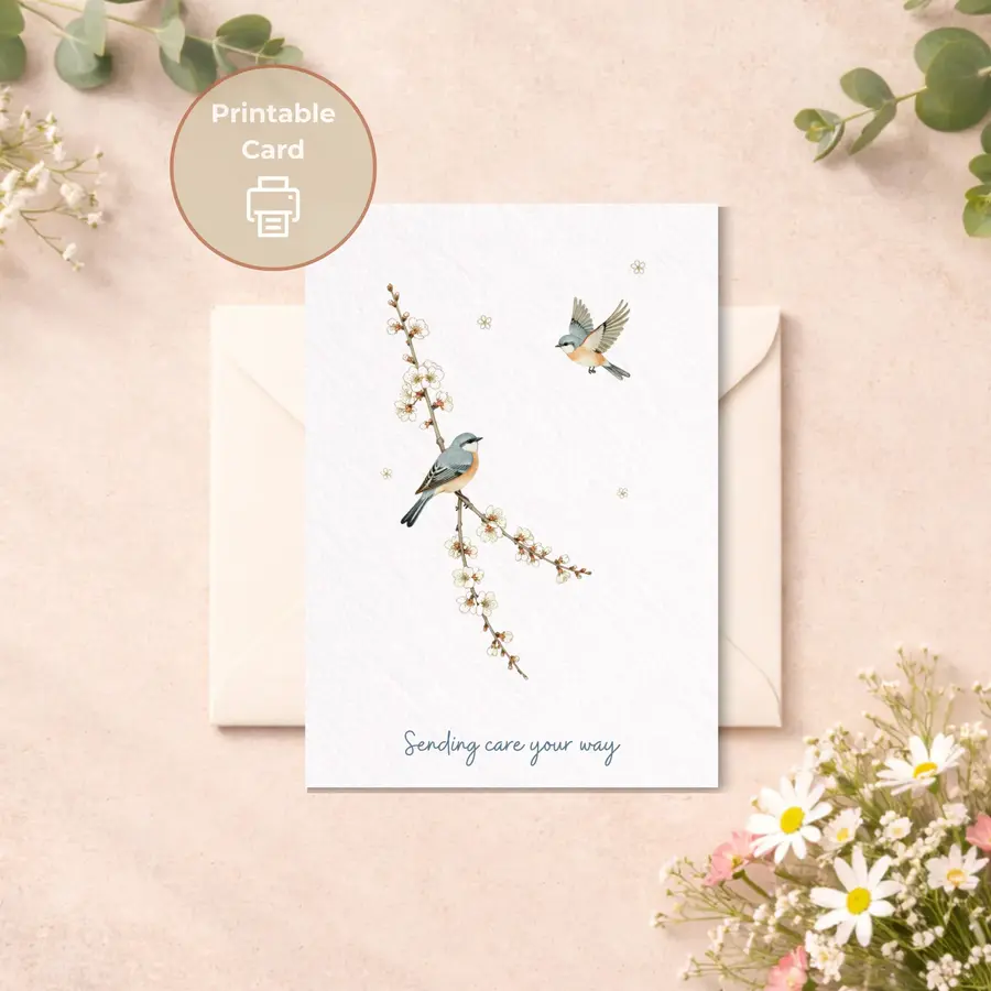 Styled product mockup: This minimal thinking of you card features a quiet bird illustration paired with a flowering branch and open space for a clean, contemporary feel.