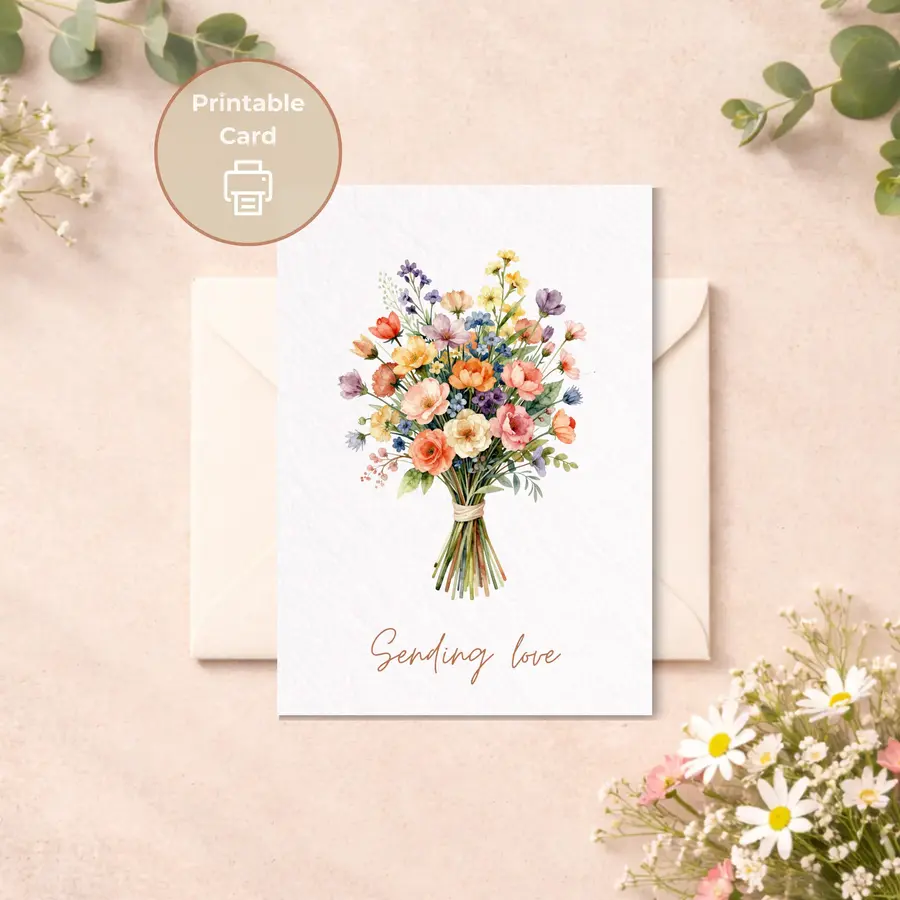 Styled product mockup: A modern sympathy card featuring a full watercolor bouquet with layered blooms and a richer, more expressive palette.