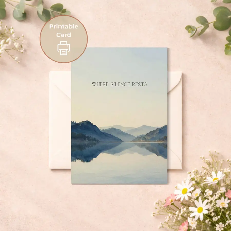Styled product mockup: A minimal sympathy card with low mountain ridges reflected in still water, painted in soft watercolor layers for a calm, spacious mood.