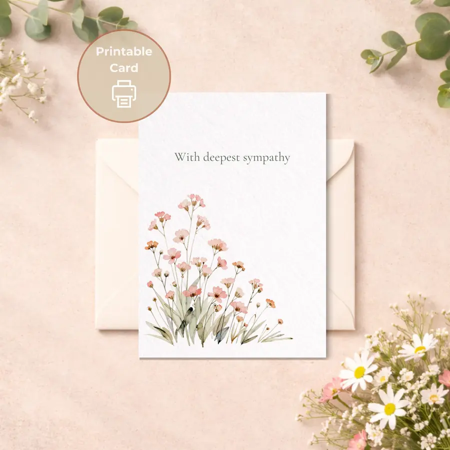 Styled product mockup: This modern sympathy card features a soft lower-corner cluster of watercolor meadow flowers with generous open space above.