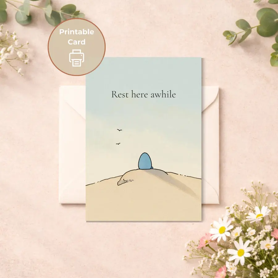 Styled product mockup: This burnout support card shows a small climber resting quietly on a ledge with wide sky and soft distant birds.