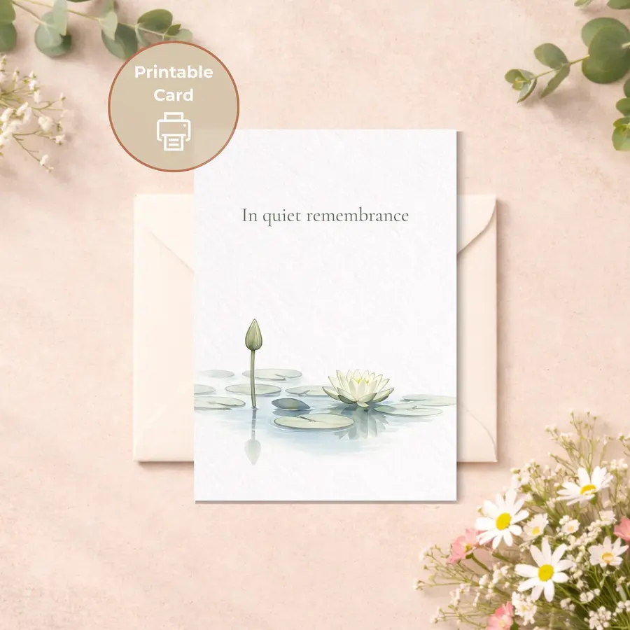 Styled product mockup: This condolence card features two pale water lilies drifting across a still watercolor surface with faint ripples and open space.