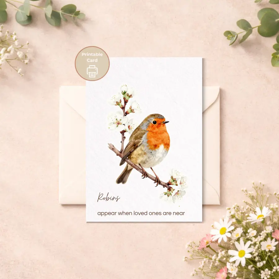 Styled product mockup: A gentle printable sympathy card featuring a watercolor robin perched on a blossoming branch, paired with the comforting message Robins appear when loved.
