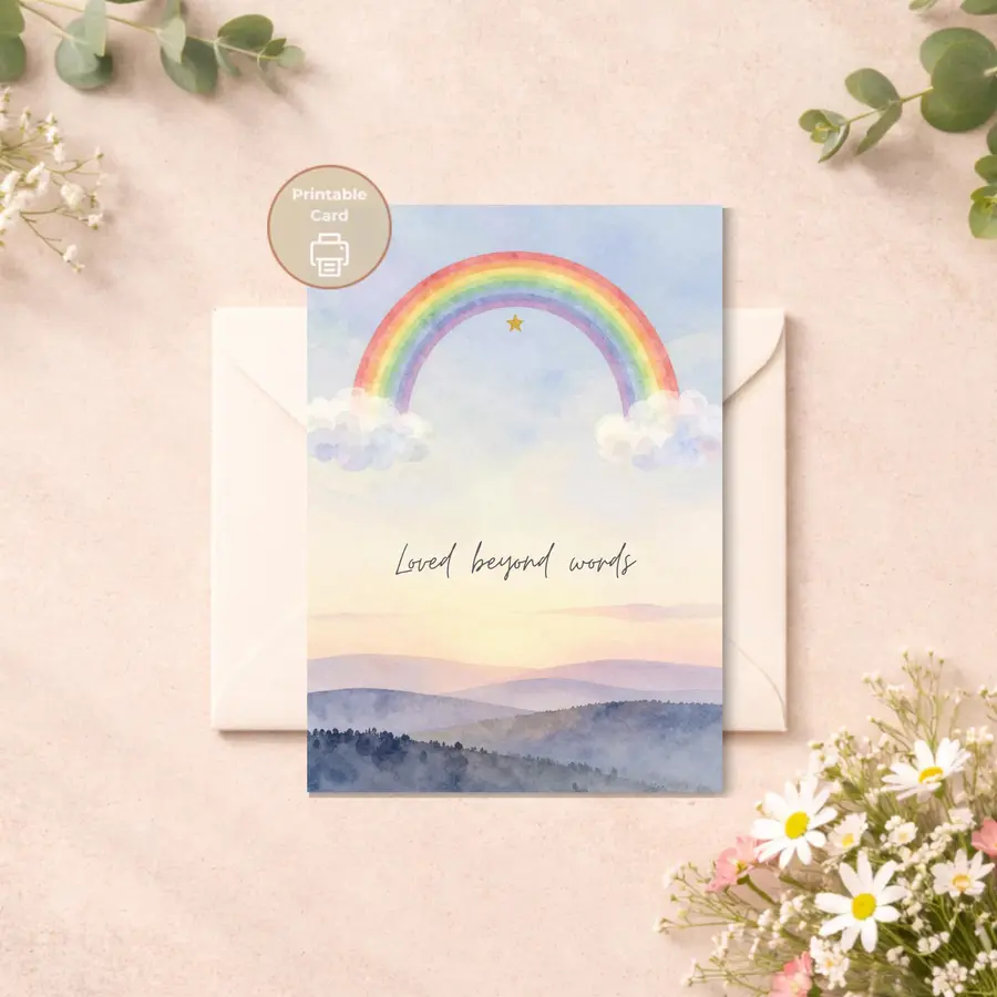 Styled product mockup: A gentle printable sympathy card created for moments of baby loss, miscarriage, stillbirth, or pregnancy loss.