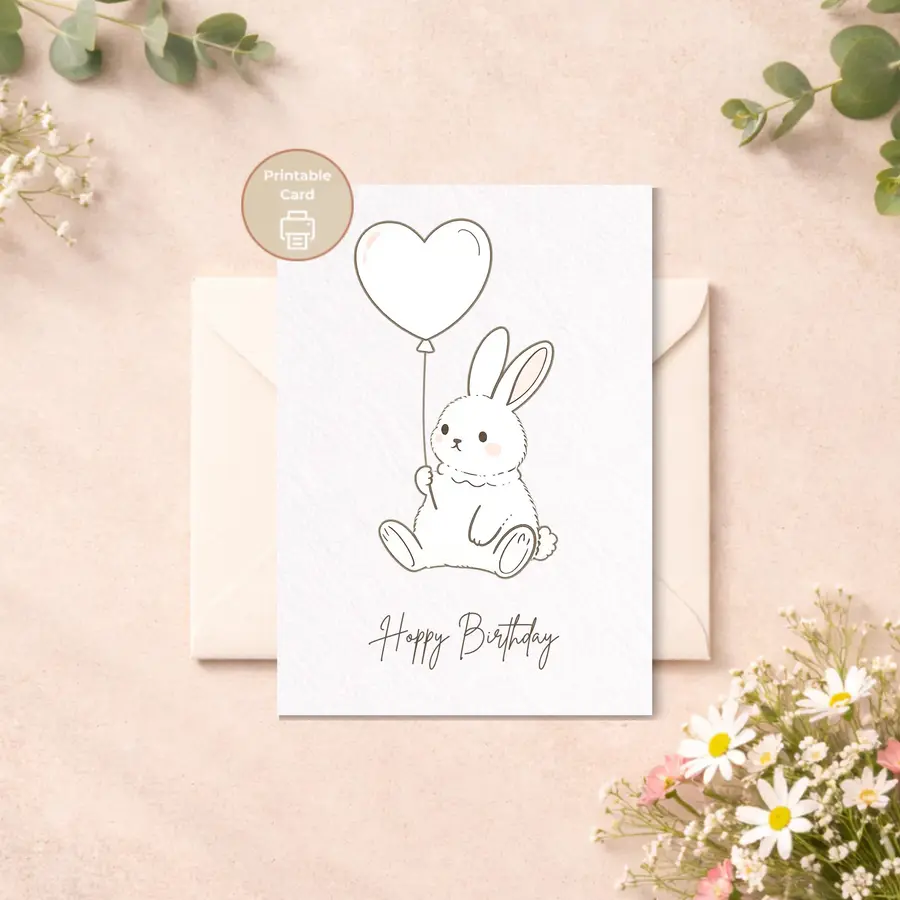 Styled product mockup: A soft and minimal bunny birthday card featuring a heart balloon and the playful phrase Hoppy Birthday.