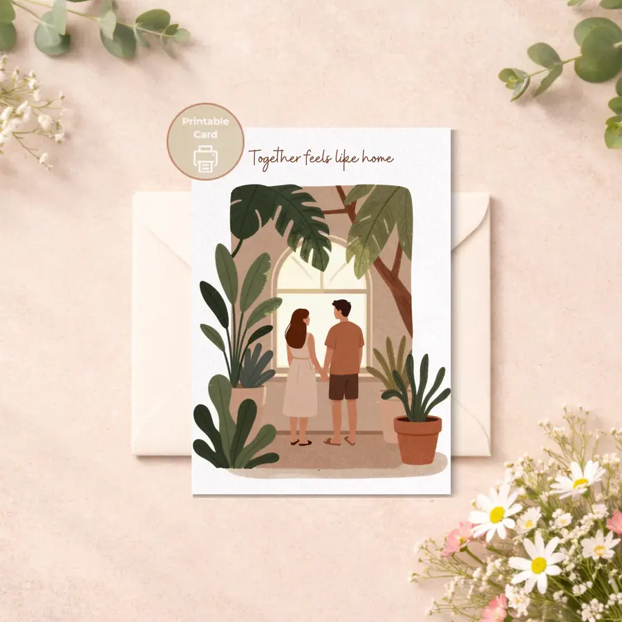 Styled product mockup: A warm and heartfelt printable card featuring a cozy couple illustration with the quote Together feels like home • Perfect for anniversaries, Valentine’s.