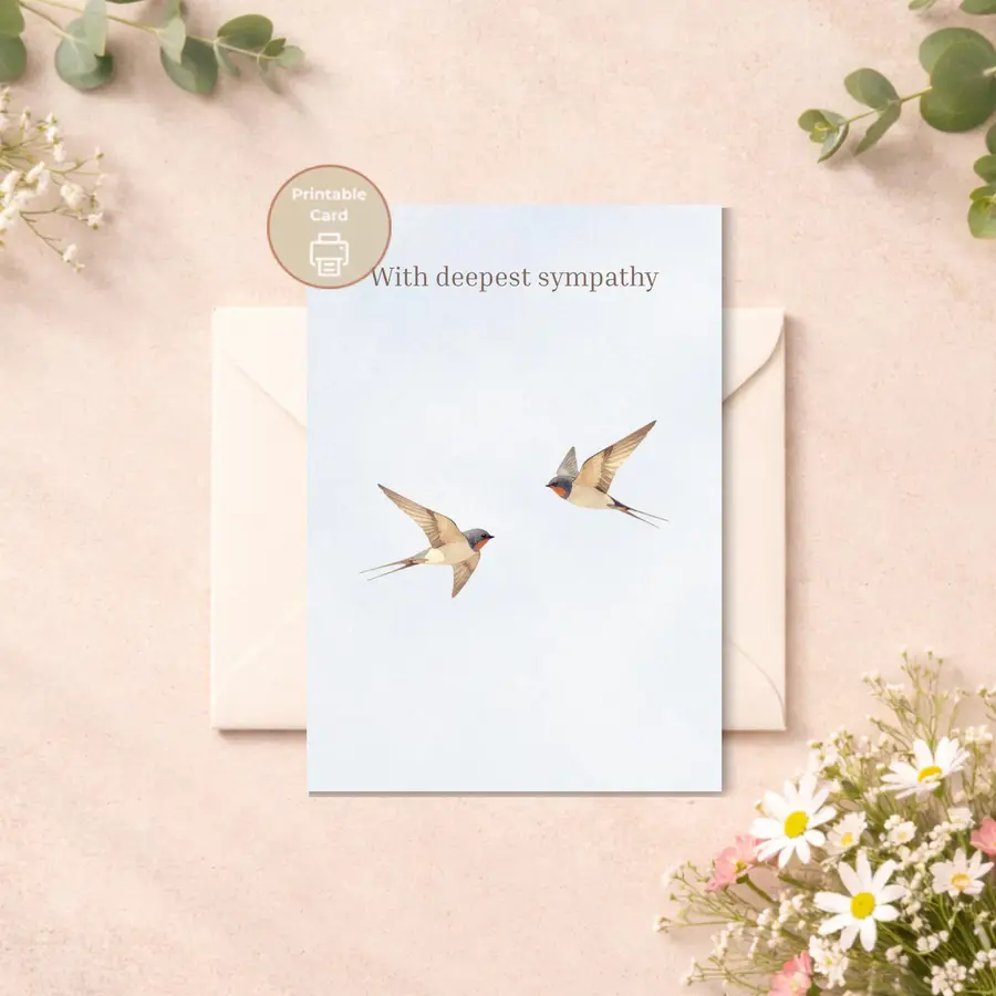 Styled product mockup: A printable sympathy card with two swallows in flight on a soft sky blue background and the words 'With deepest sympathy.