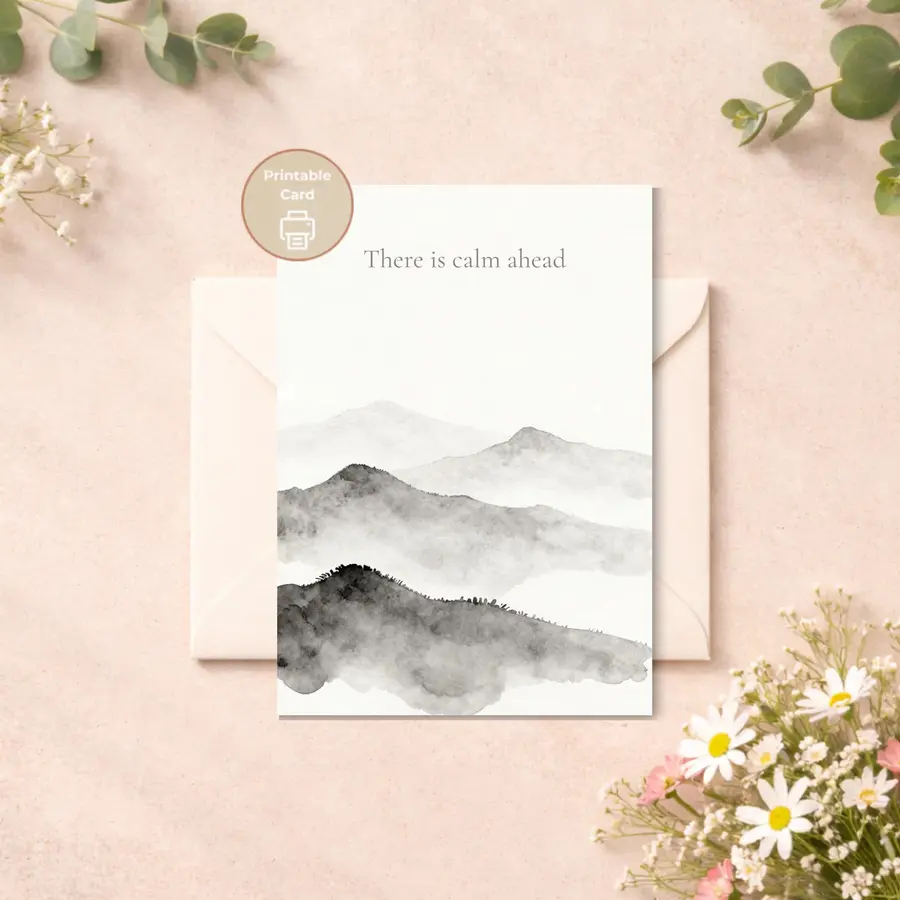 Styled product mockup: A printable encouragement card with soft misty mountains in watercolor and the words 'There is calm ahead' on a quiet neutral background.