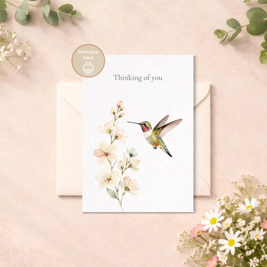 Styled product mockup: A printable thinking of you card with a delicate hummingbird beside soft blossom branches and muted green lettering on a black background.