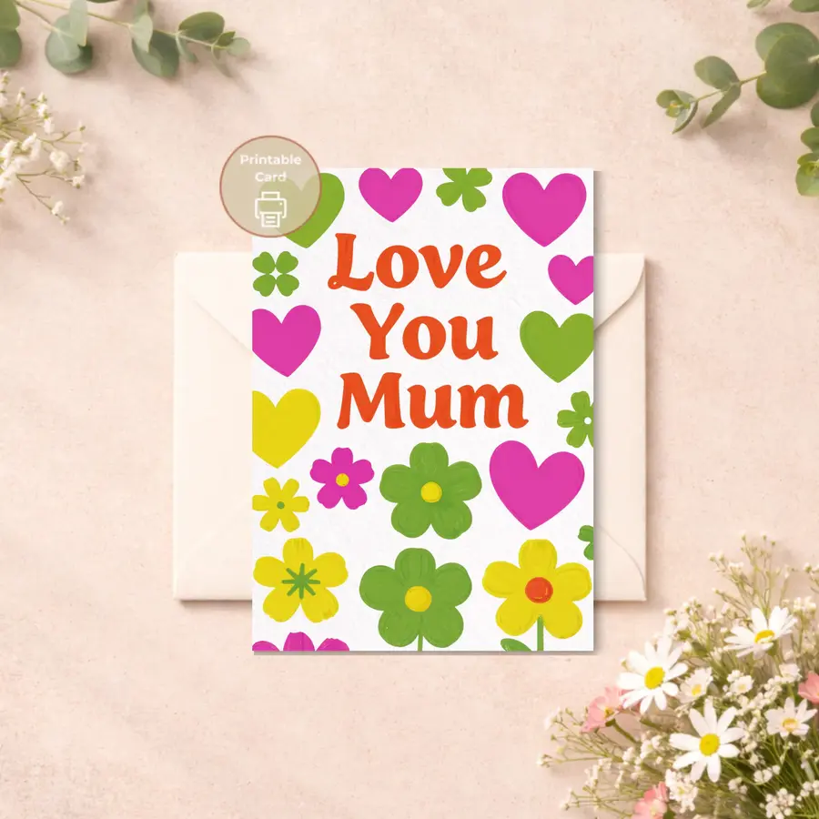 Styled product mockup: A bright and playful printable card featuring colorful hearts and flowers surrounding the message Love You Mum.
