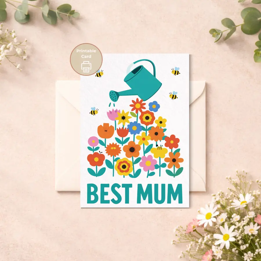 Styled product mockup: A cheerful printable card featuring a playful garden of colorful flowers being watered, surrounded by cute little bees and the message Best Mum.