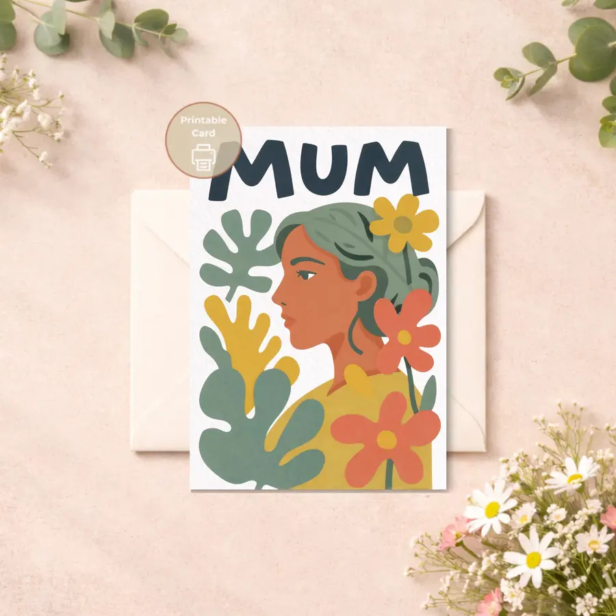 Styled product mockup: A soft and artistic printable card featuring a minimalist portrait of a woman surrounded by abstract botanical shapes and warm earthy tones, with the.