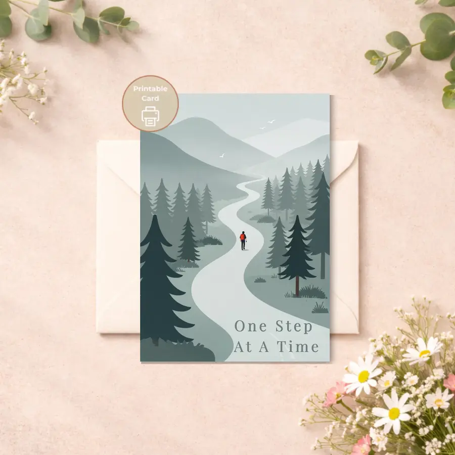 Styled product mockup: A calm and minimalist printable card featuring a winding path through a soft forest landscape, with a lone traveler moving forward and the message "One.