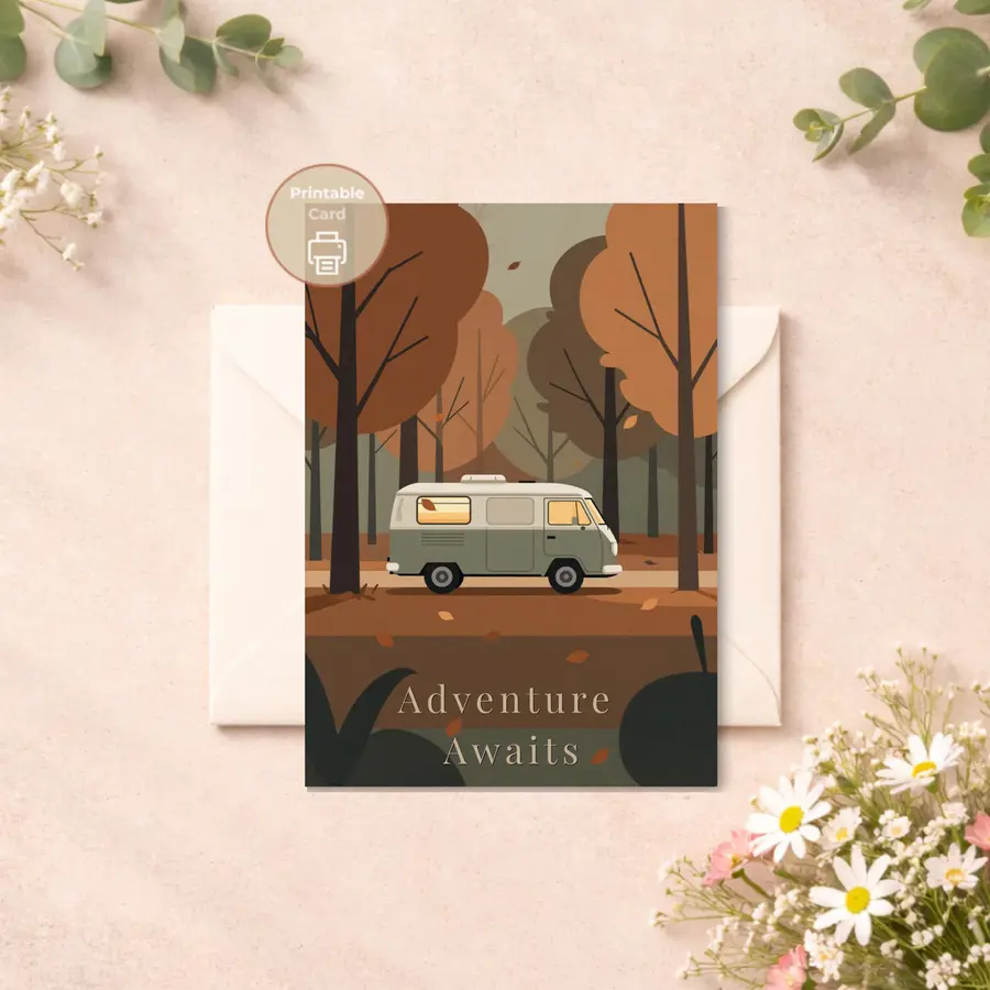Styled product mockup: A warm and inviting printable card featuring a vintage van driving through a peaceful autumn forest, surrounded by falling leaves and soft earthy tones.