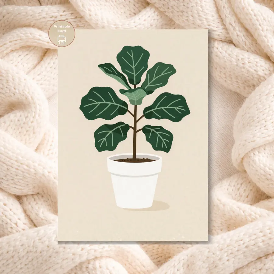 Styled product mockup: A minimalist printable fiddle leaf card for plant lovers, housewarming moments, and thoughtful everyday notes.