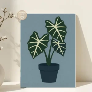 Styled product mockup: A printable alocasia card for plant lovers, plant moms, and thoughtful last minute gifting.