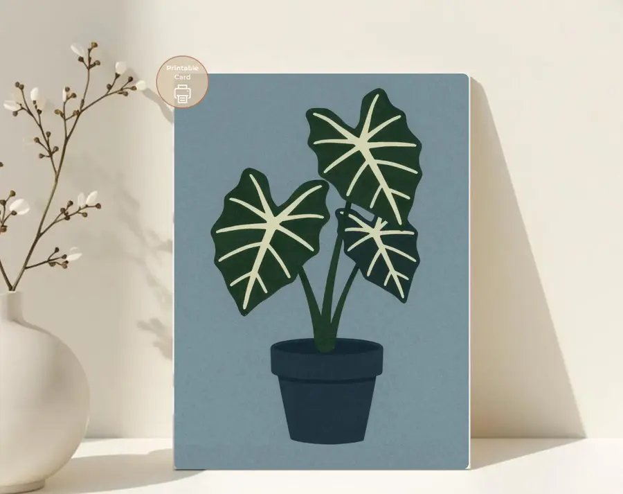 Styled product mockup: A printable alocasia card for plant lovers, plant moms, and thoughtful last minute gifting.