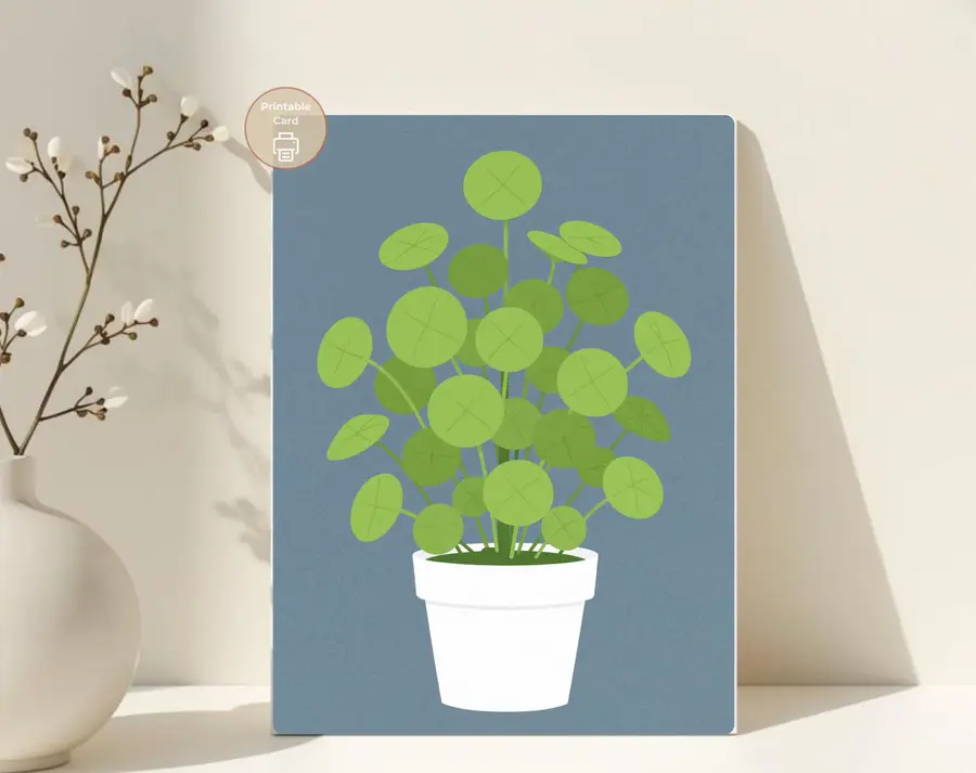 Styled product mockup: A printable pilea card for plant lovers, plant moms, and thoughtful last minute gifting.