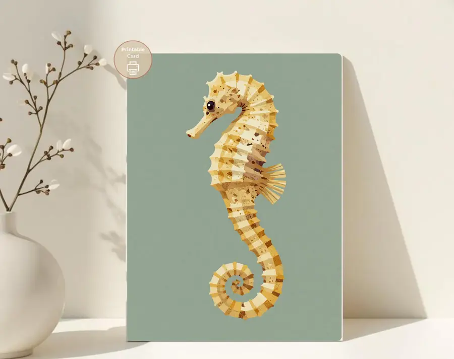 Styled product mockup: A printable seahorse card for ocean lovers, beach house gifting, and thoughtful everyday notes.