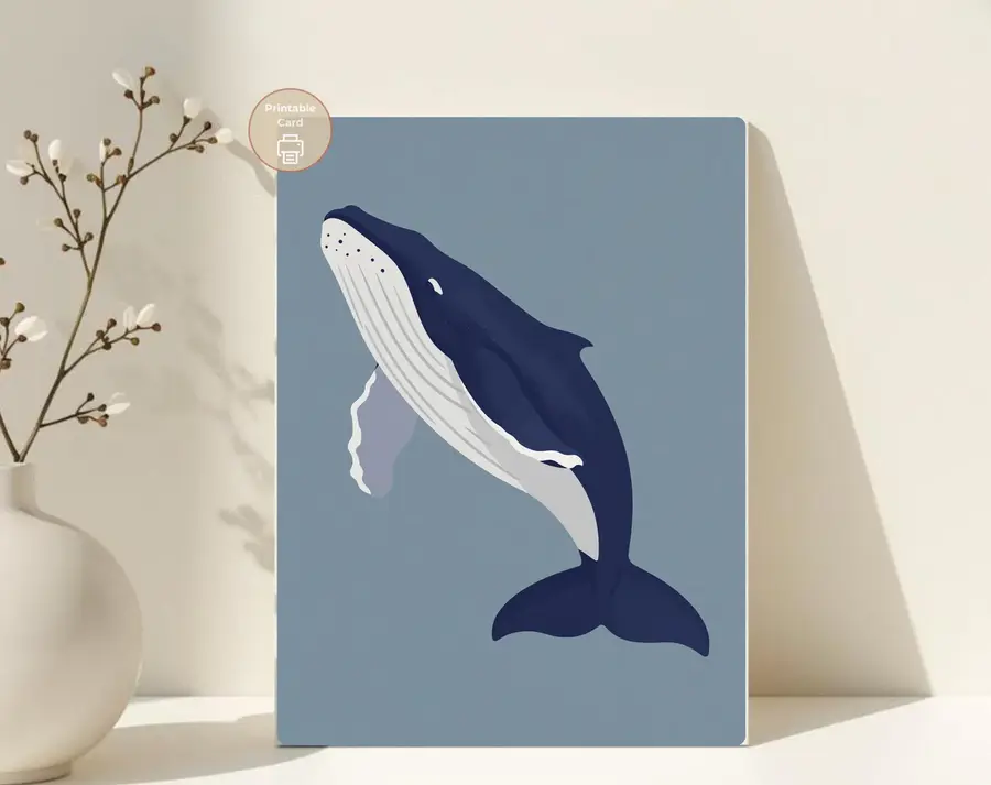 Styled product mockup: A printable whale card for ocean lovers, beach house gifting, and thoughtful everyday notes.