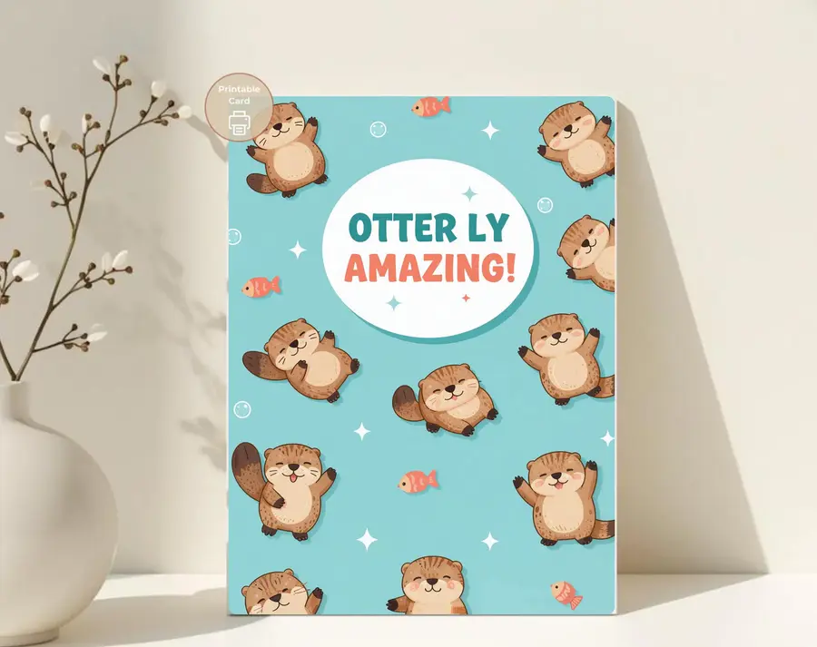 Styled product mockup: Otterly Amazing, Cute Otter Encouragement Card, Funny Friendship Card