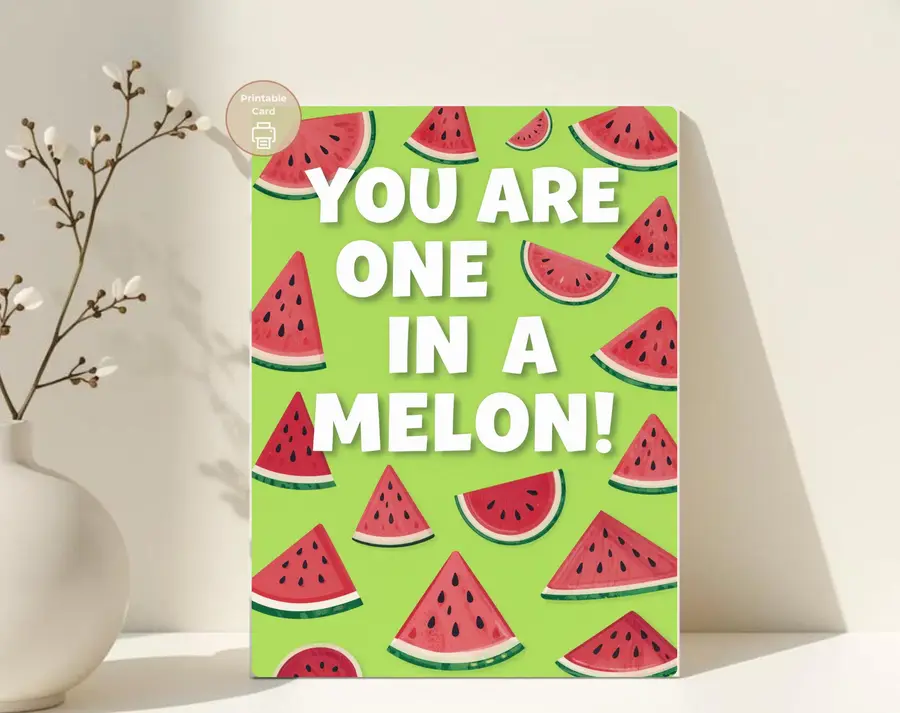 Styled product mockup: You Are One In A Melon, Watermelon Friendship Card, Cute Pun Card