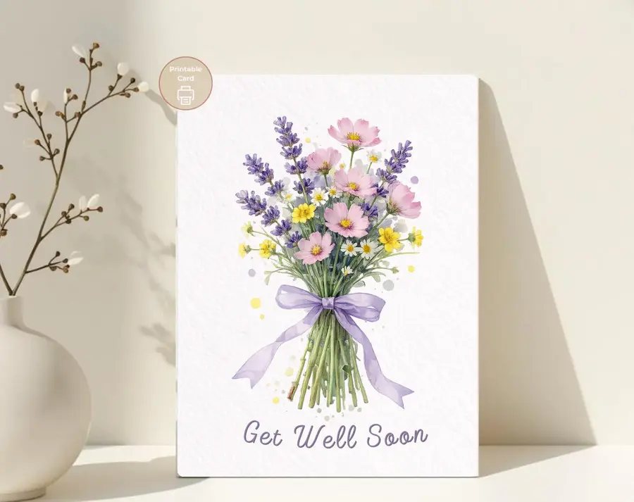 Styled product mockup: A printable get well soon card for flower lovers, spring birthdays, and thoughtful everyday notes.