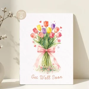 Styled product mockup: A printable get well soon card for flower lovers, spring birthdays, and thoughtful everyday notes.