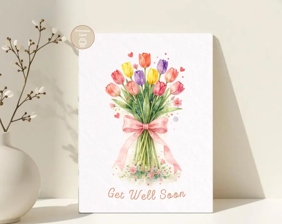 Styled product mockup: A printable get well soon card for flower lovers, spring birthdays, and thoughtful everyday notes.