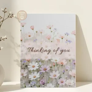 Styled product mockup: A printable thinking of you card for flower lovers, spring birthdays, and thoughtful everyday notes.