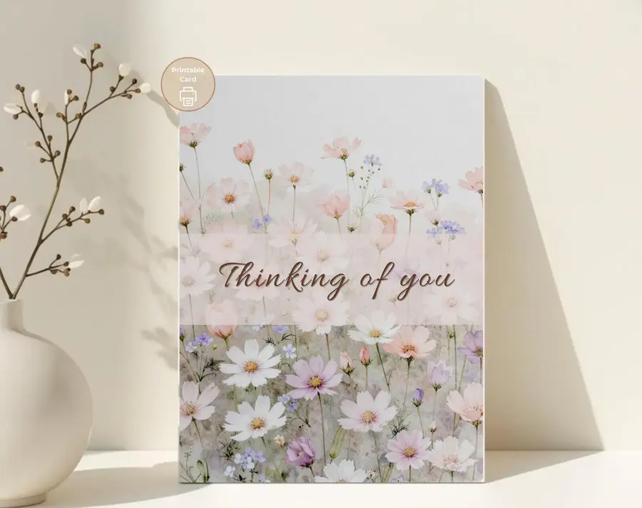 Styled product mockup: A printable thinking of you card for flower lovers, spring birthdays, and thoughtful everyday notes.