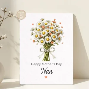 Styled product mockup: A printable happy mother's day nan card for flower lovers, spring birthdays, and thoughtful everyday notes.