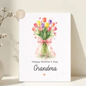 Styled product mockup: A printable happy mother's day grandma card for flower lovers, spring birthdays, and thoughtful everyday notes.