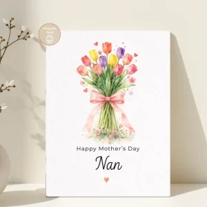 Styled product mockup: A printable happy mother's day nan card for flower lovers, spring birthdays, and thoughtful everyday notes.