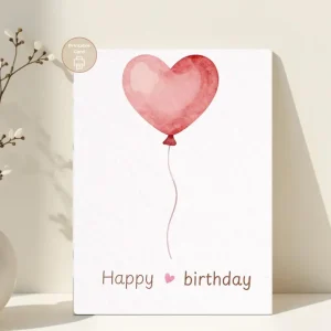 Styled product mockup: Happy Birthday, Heart Balloon Birthday Card, Cute Minimal Birthday Card