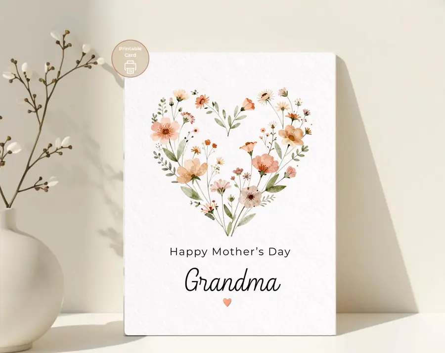 Styled product mockup: A printable happy mother's day grandma card for flower lovers, spring birthdays, and thoughtful everyday notes.