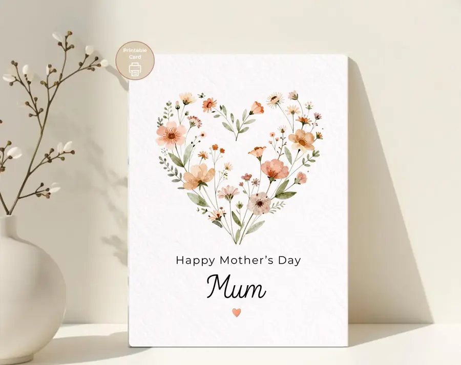 Styled product mockup: A printable happy mother's day mum card for flower lovers, spring birthdays, and thoughtful everyday notes.
