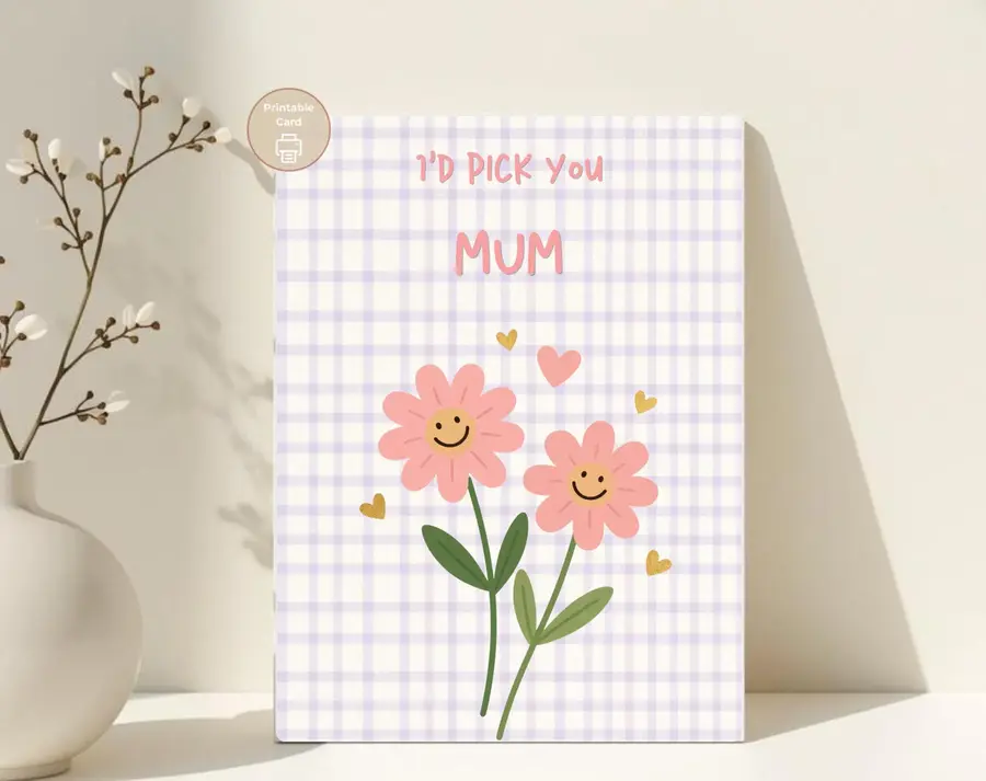 Styled product mockup: A printable pick you card for flower lovers, spring birthdays, and thoughtful everyday notes.