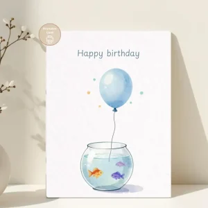 Styled product mockup: Happy Birthday, Cute Fish Bowl Birthday Card, Balloon Card for Kids