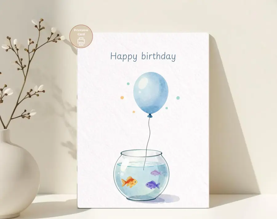Styled product mockup: Happy Birthday, Cute Fish Bowl Birthday Card, Balloon Card for Kids