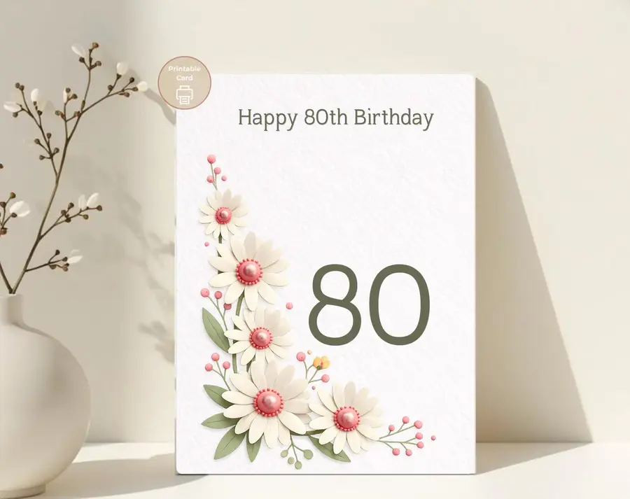 Styled product mockup: A printable happy 80th card for flower lovers, spring birthdays, and thoughtful everyday notes.