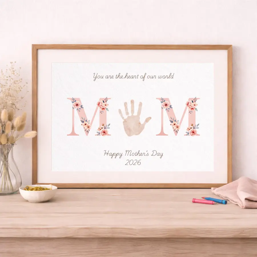 Styled product mockup: Create a beautiful Mother’s Day keepsake with this printable handprint card for Mum.