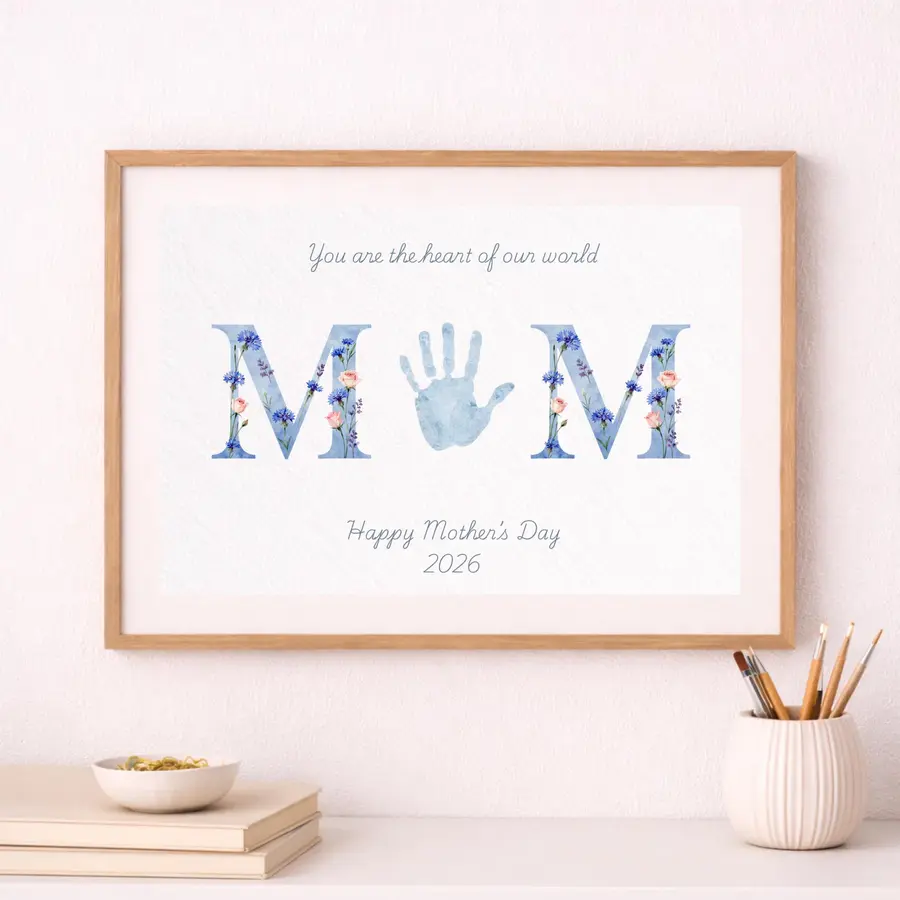 Styled product mockup: Create a beautiful Mother’s Day keepsake with this printable handprint card for Mum.