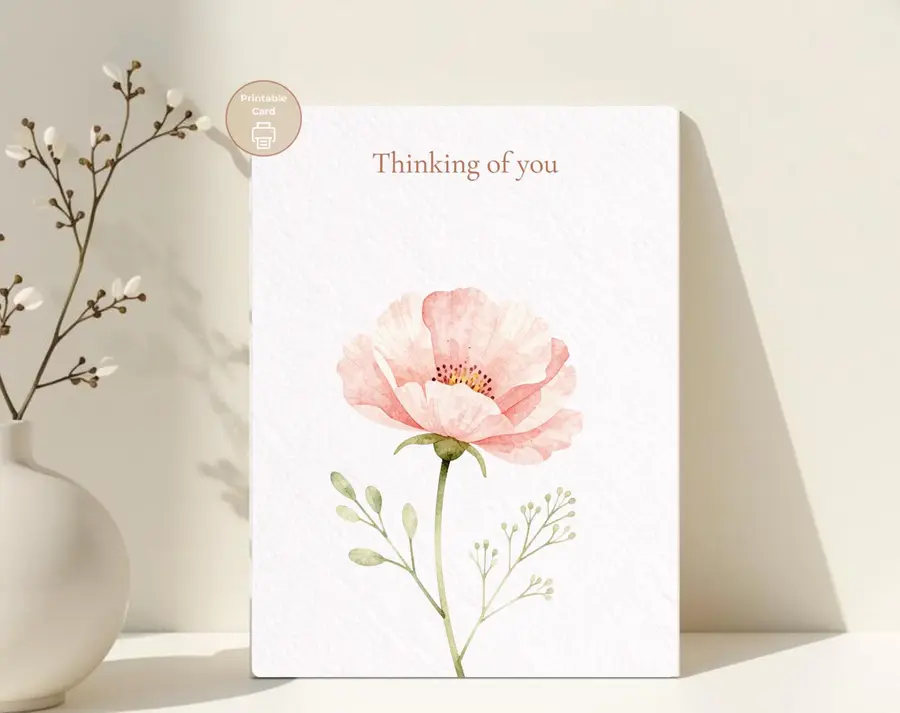 Styled product mockup: A printable thinking you card for flower lovers, spring birthdays, and thoughtful everyday notes.