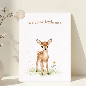 Styled product mockup: Welcome Little One, Deer New Baby Card, Woodland Baby Shower Card
