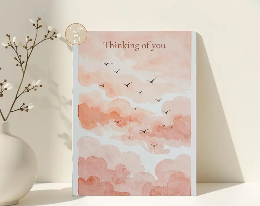 Styled product mockup: Thinking of You, Peach Cloud Sympathy Card, Gentle Encouragement Card